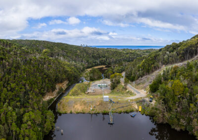 Aerial drone shot of industrial water storage dam